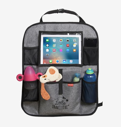 Organizador de asiento de coche. Con bolsillo transparente para tablet.