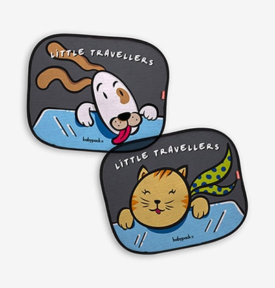 Parasoles de ventana  para coche Babypack.  Con lámina adherente que los fija directamente sobre la ventana. 2 unidades.