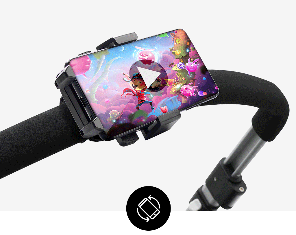 El soporte para teléfono gira 90 grados para ver contenido multimedia.